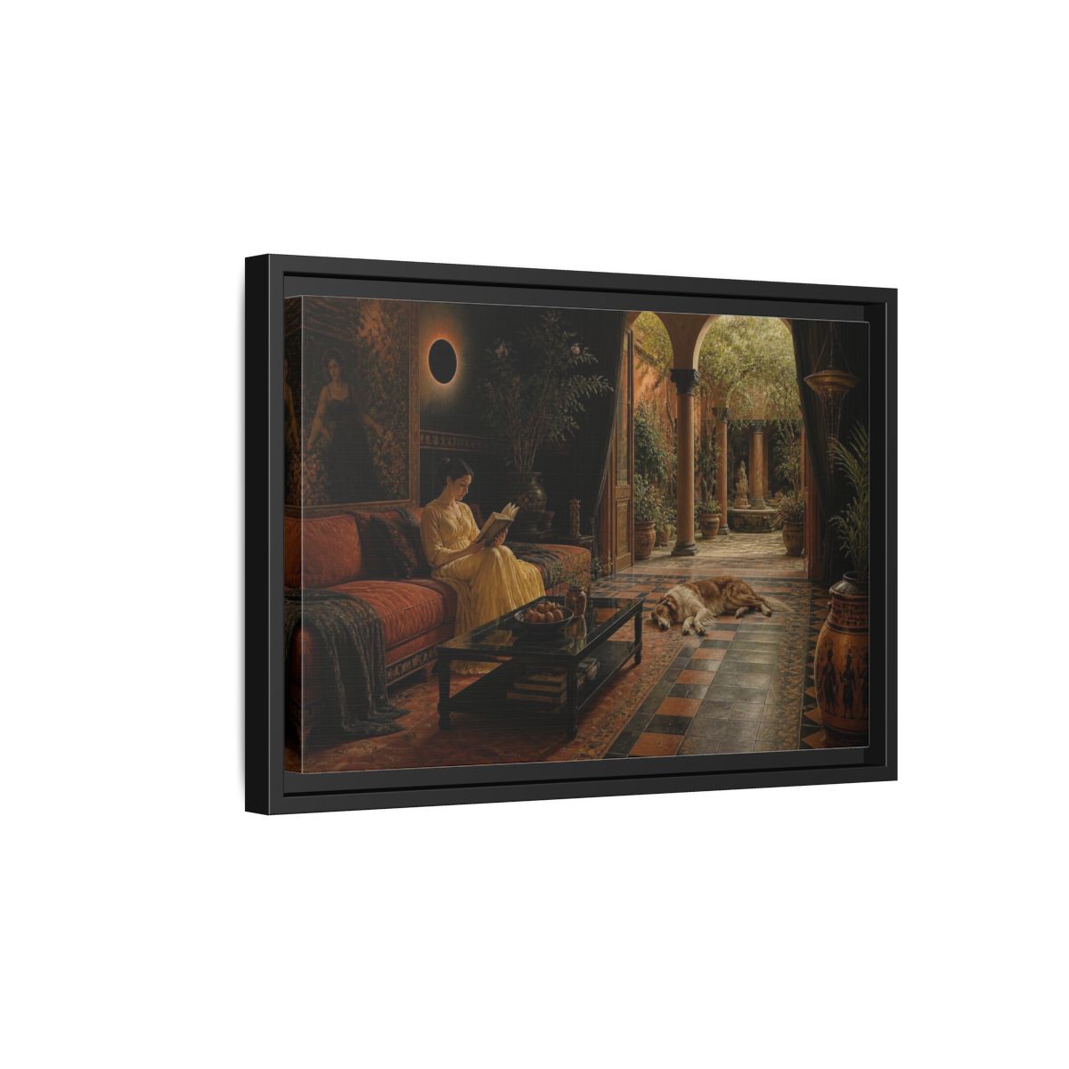 Side Mockup 6. Living Room Reading Woman shown as framed canvas print