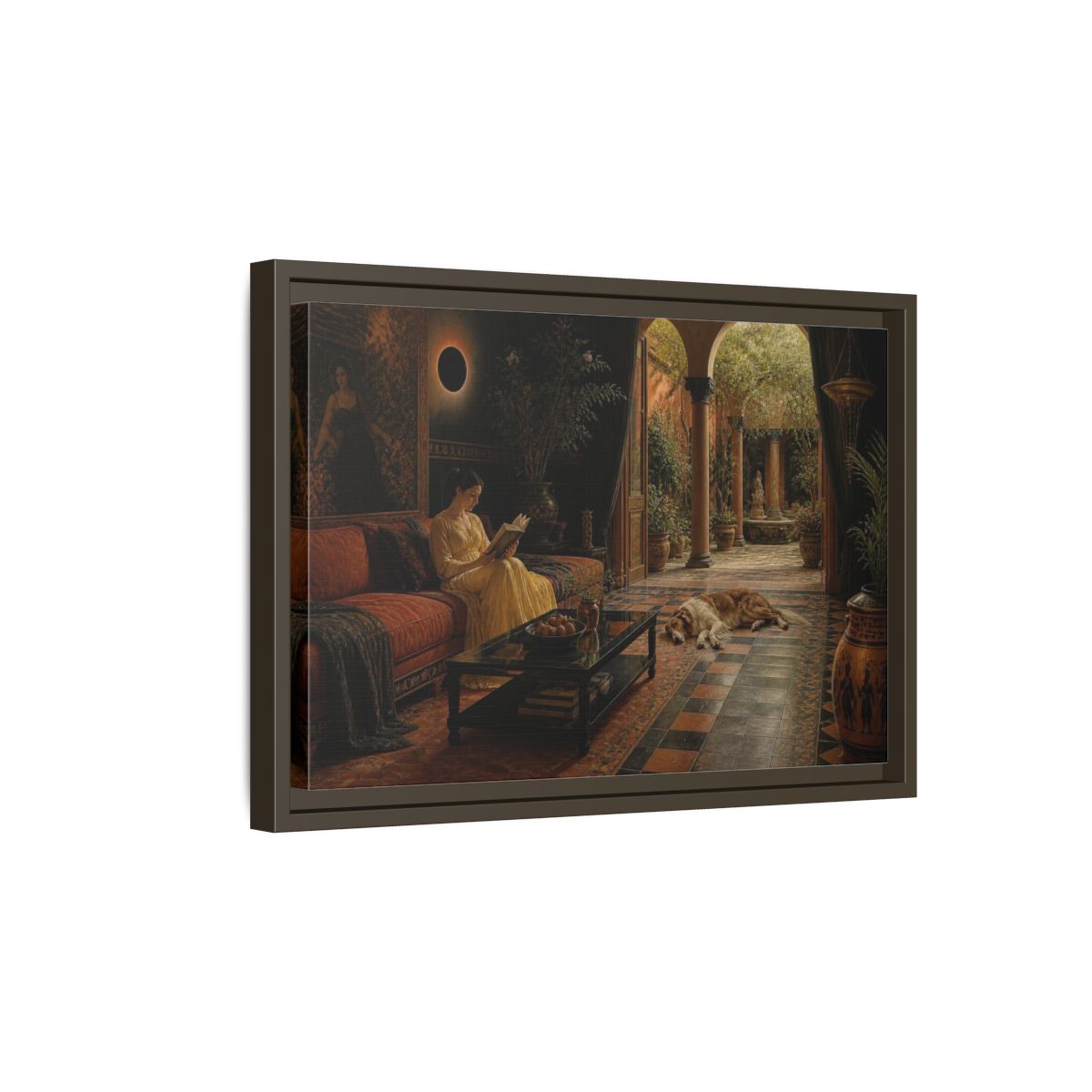 Side Mockup 5. Living Room Reading Woman shown as framed canvas print