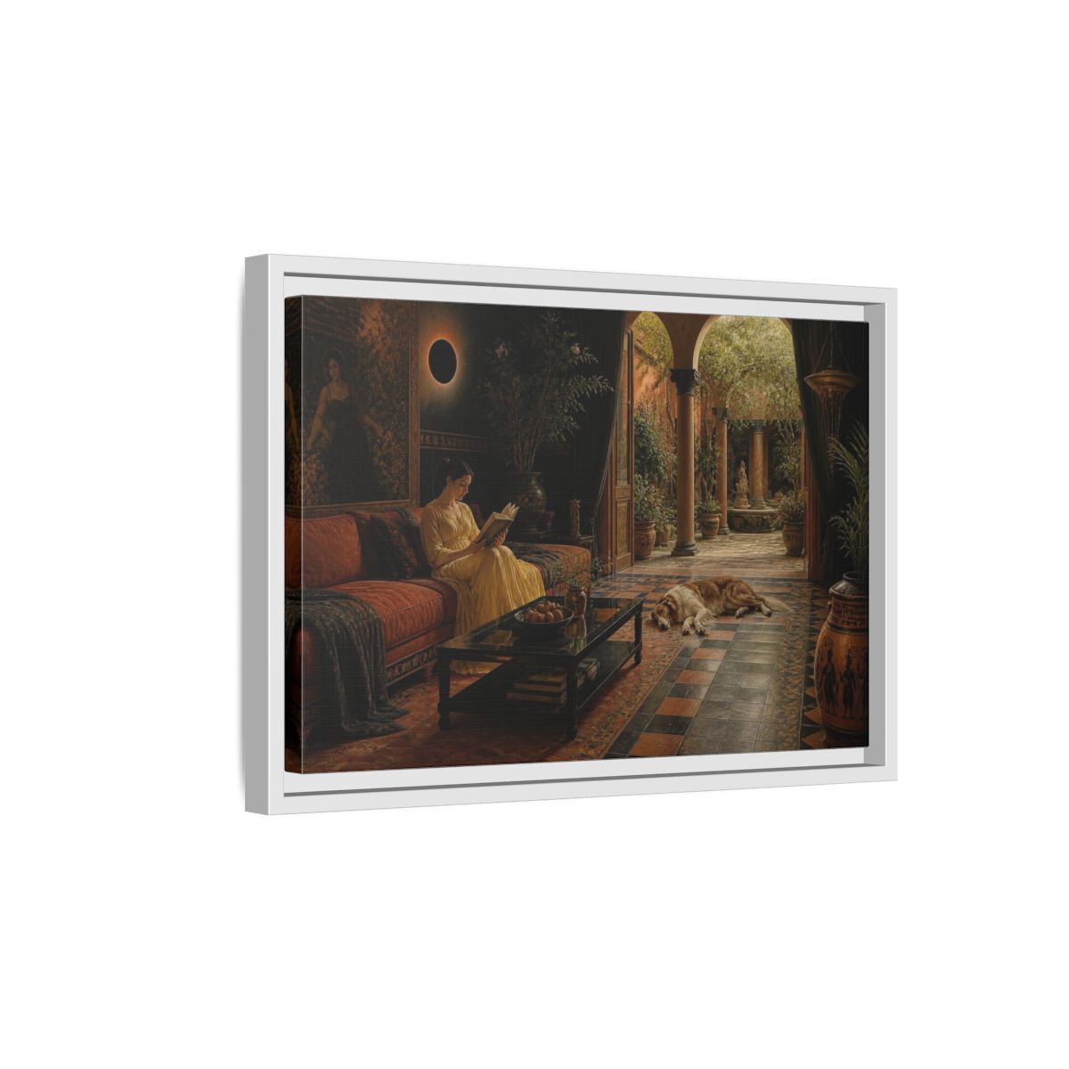 Side Mockup 4. Living Room Reading Woman shown as framed canvas print