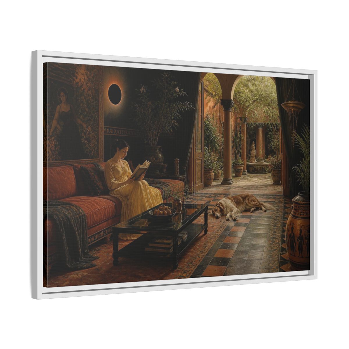 Side Mockup 10. Living Room Reading Woman shown as framed canvas print