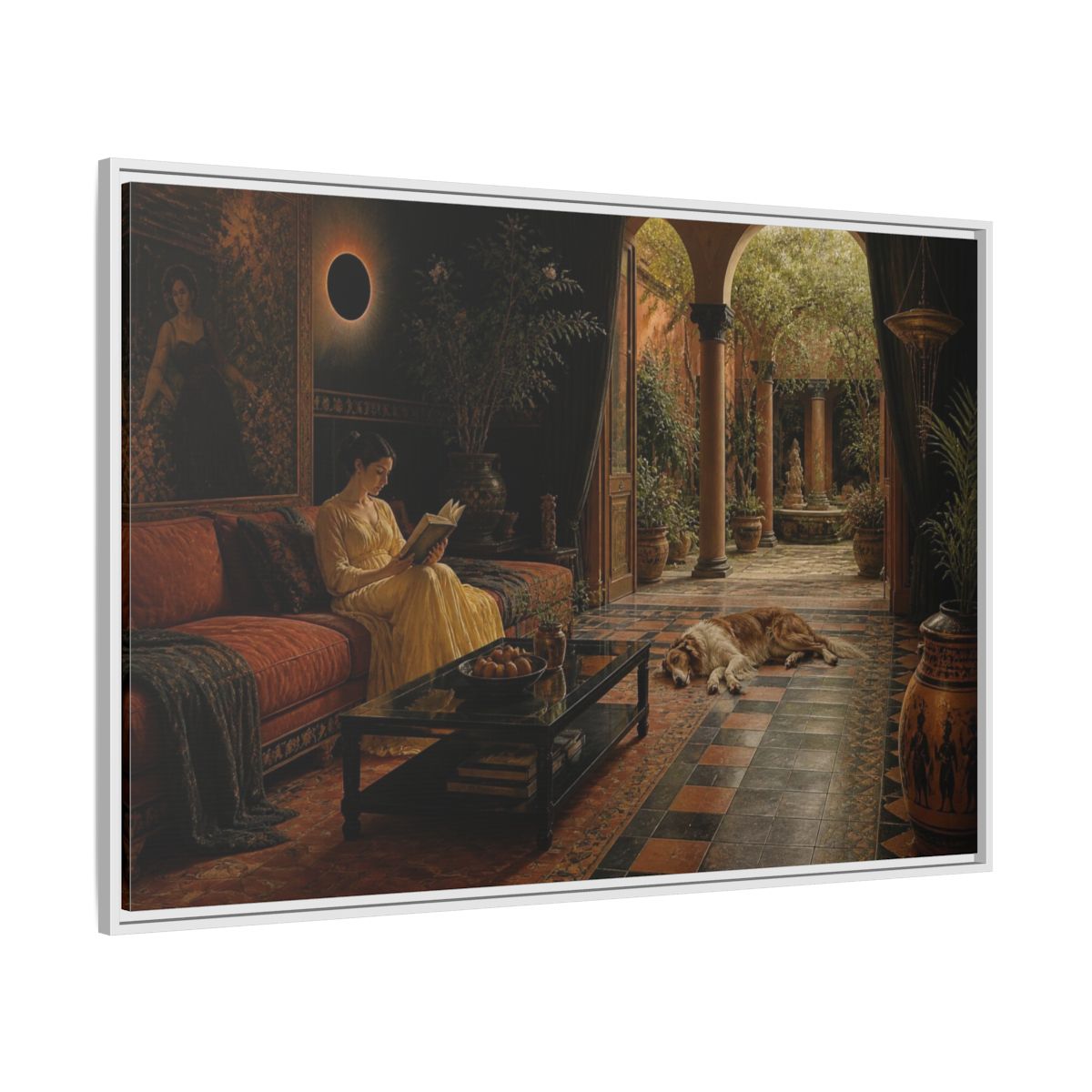Side Mockup 7. Living Room Reading Woman shown as framed canvas print