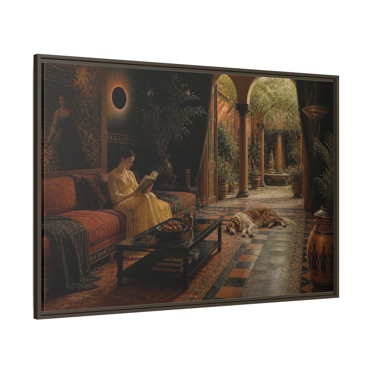 Side Mockup 8. Living Room Reading Woman shown as framed canvas print