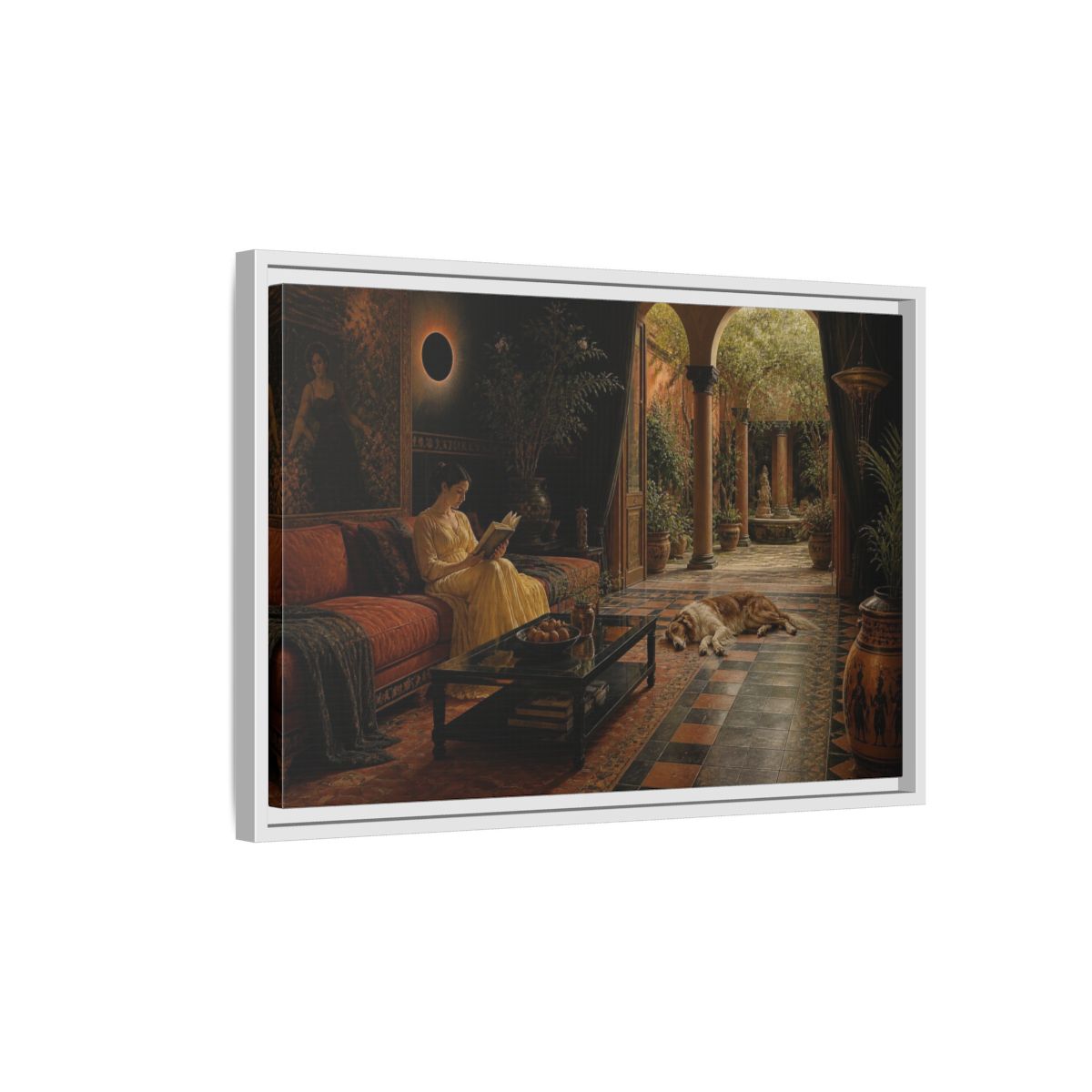 Side Mockup 1. Living Room Reading Woman shown as framed canvas print