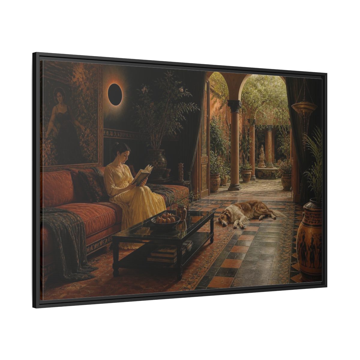 Side Mockup 12. Living Room Reading Woman shown as framed canvas print