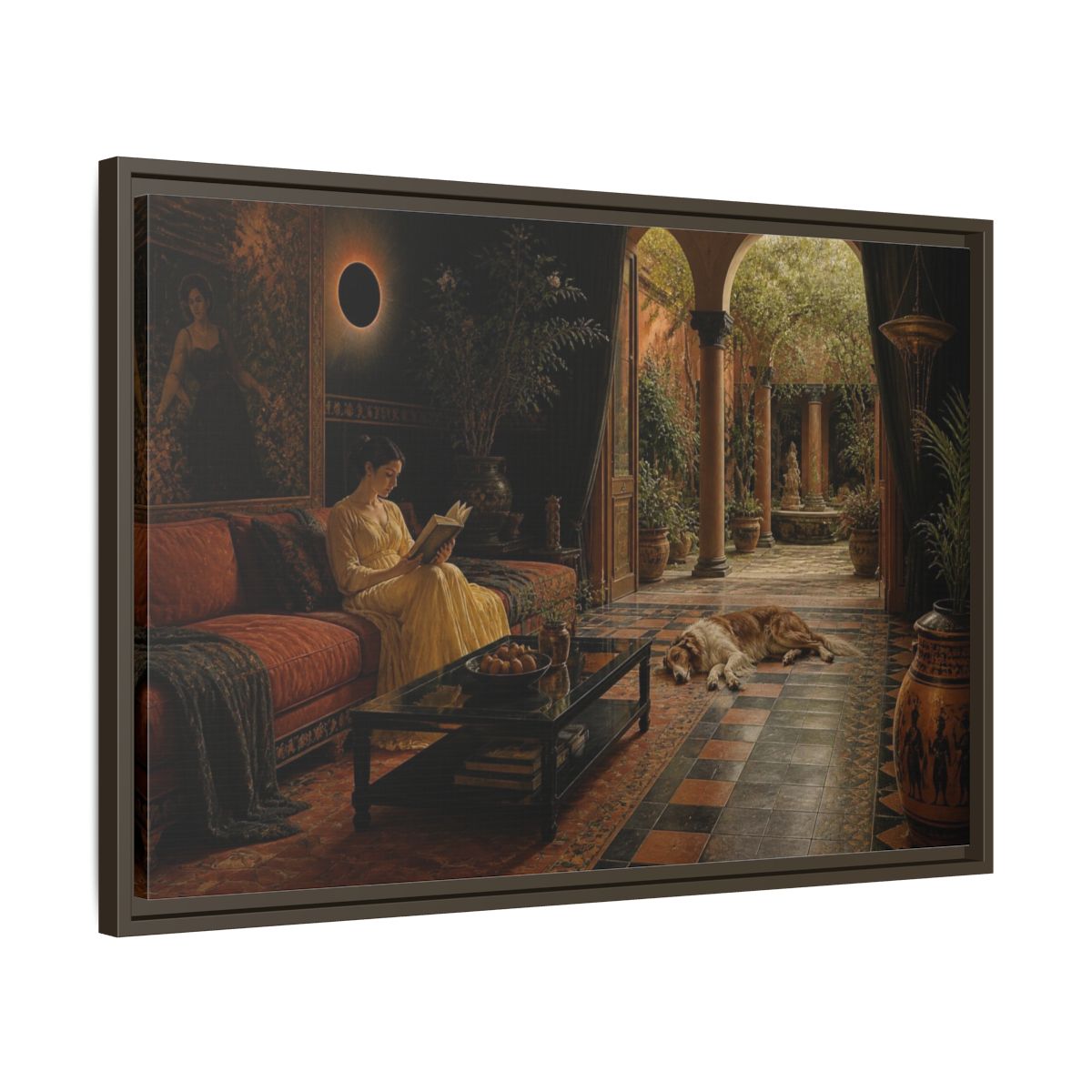 Side Mockup 11. Living Room Reading Woman shown as framed canvas print