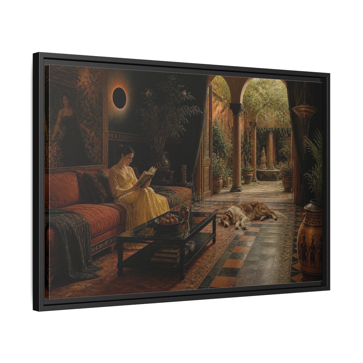 Side Mockup 14. Living Room Reading Woman shown as framed canvas print