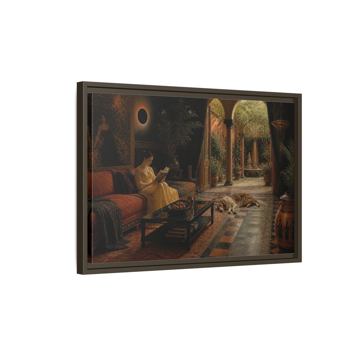 Side Mockup 2. Living Room Reading Woman shown as framed canvas print