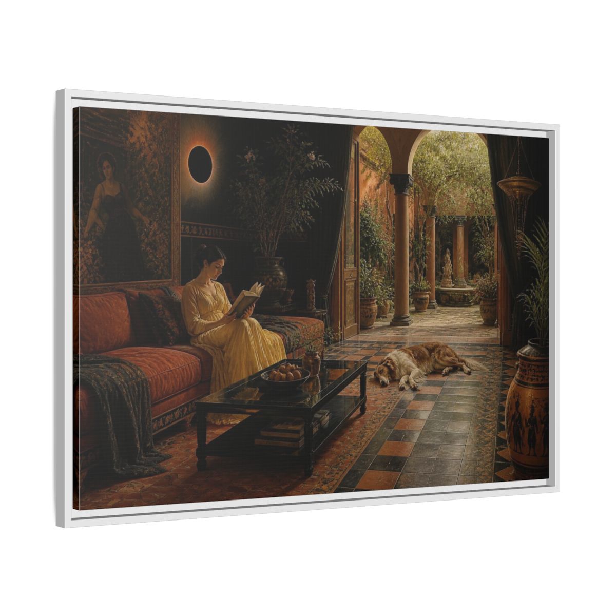 Side Mockup 9. Living Room Reading Woman shown as framed canvas print
