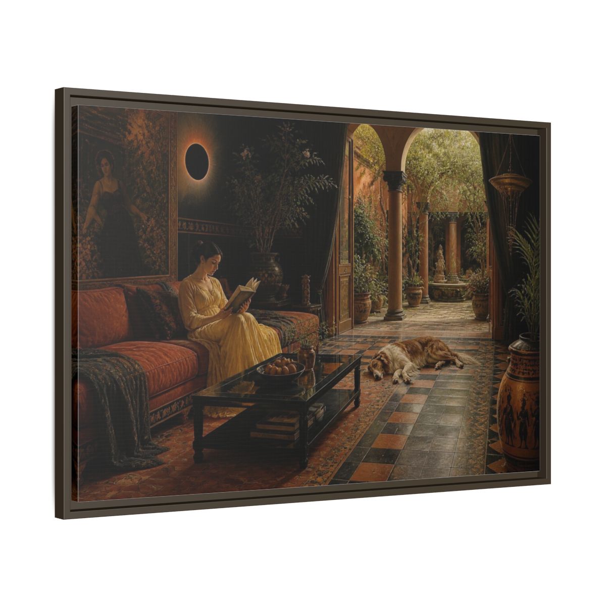 Main Mockup. Living Room Reading Woman shown as framed canvas print