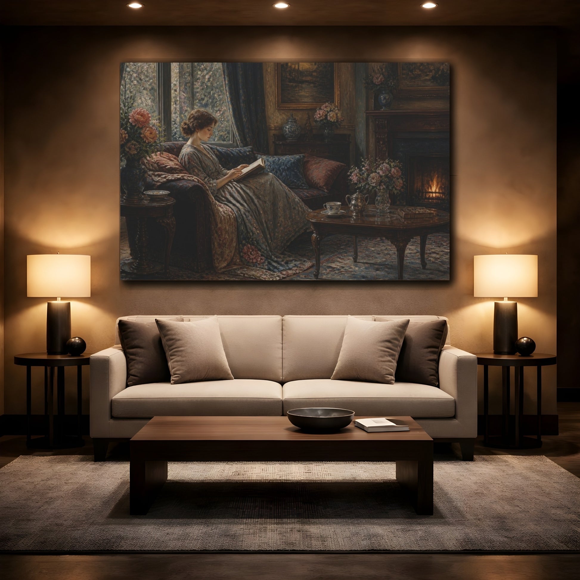 Mockup 2. Living Room Reading Woman shown as canvas print