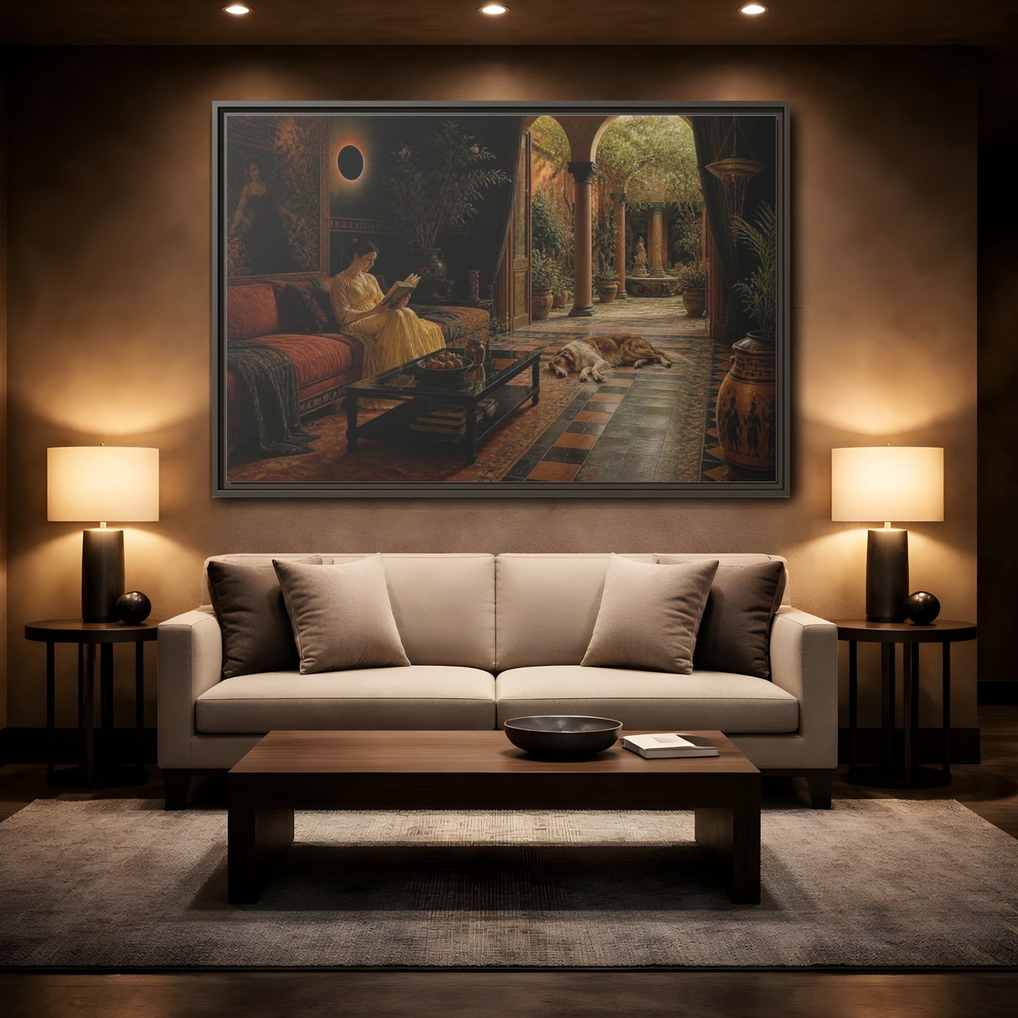 Mockup 2. Living Room Reading Woman shown as framed canvas print