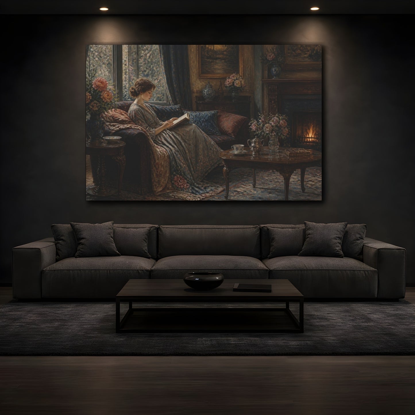 Mockup 3. Living Room Reading Woman shown as canvas print