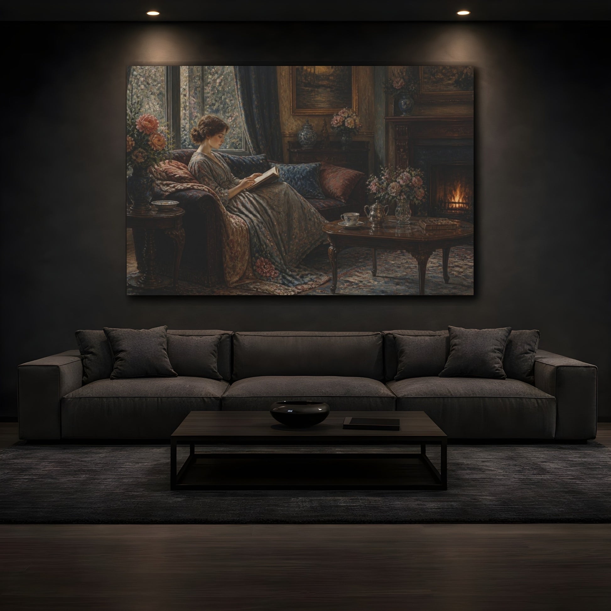 Mockup 3. Living Room Reading Woman shown as canvas print