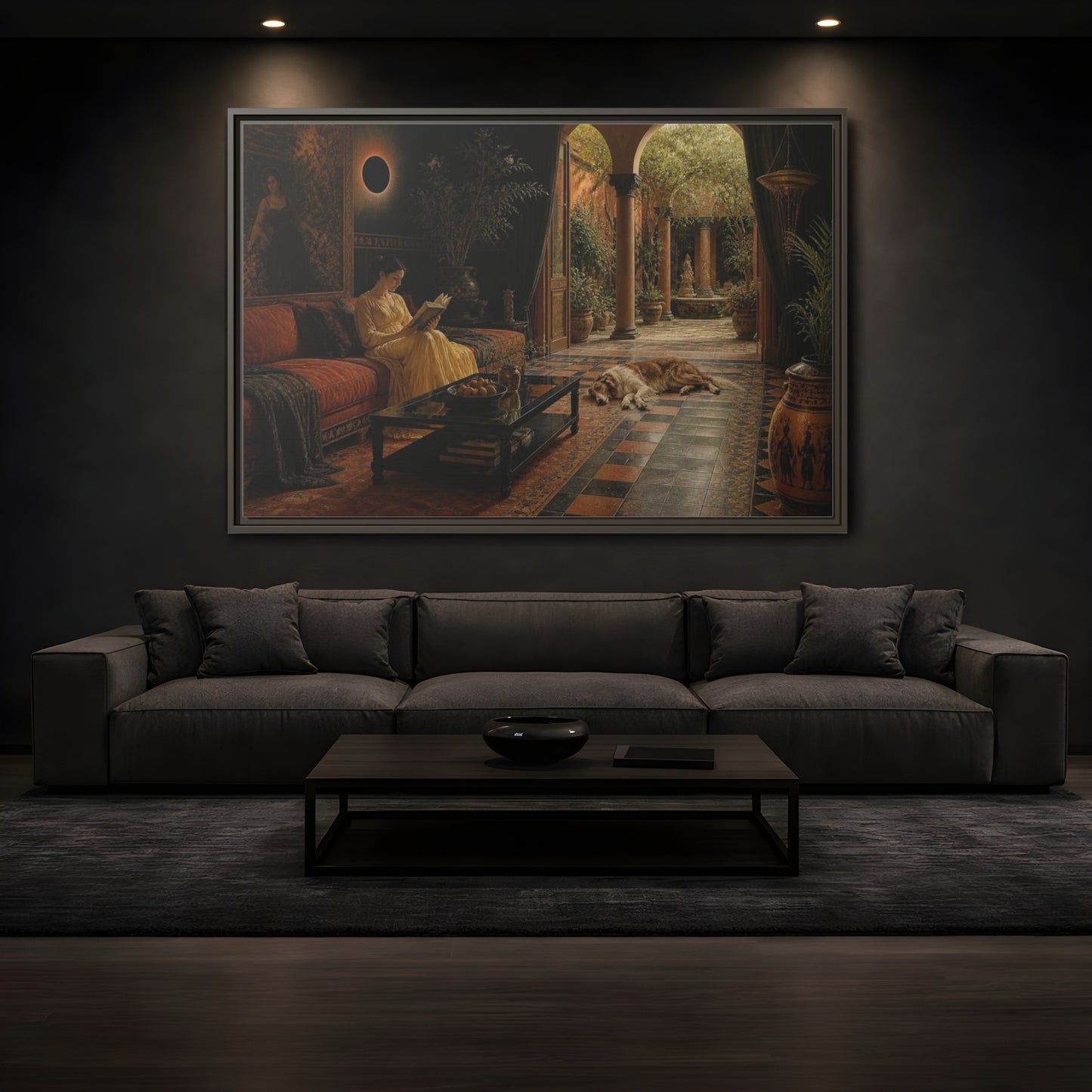 Mockup 3. Living Room Reading Woman shown as framed canvas print