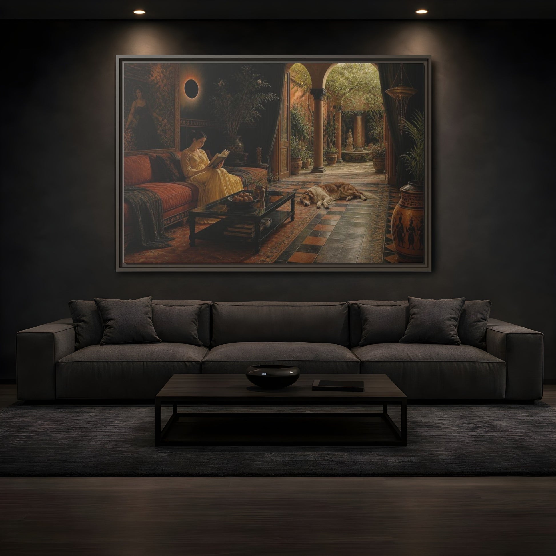 Mockup 3. Living Room Reading Woman shown as framed canvas print