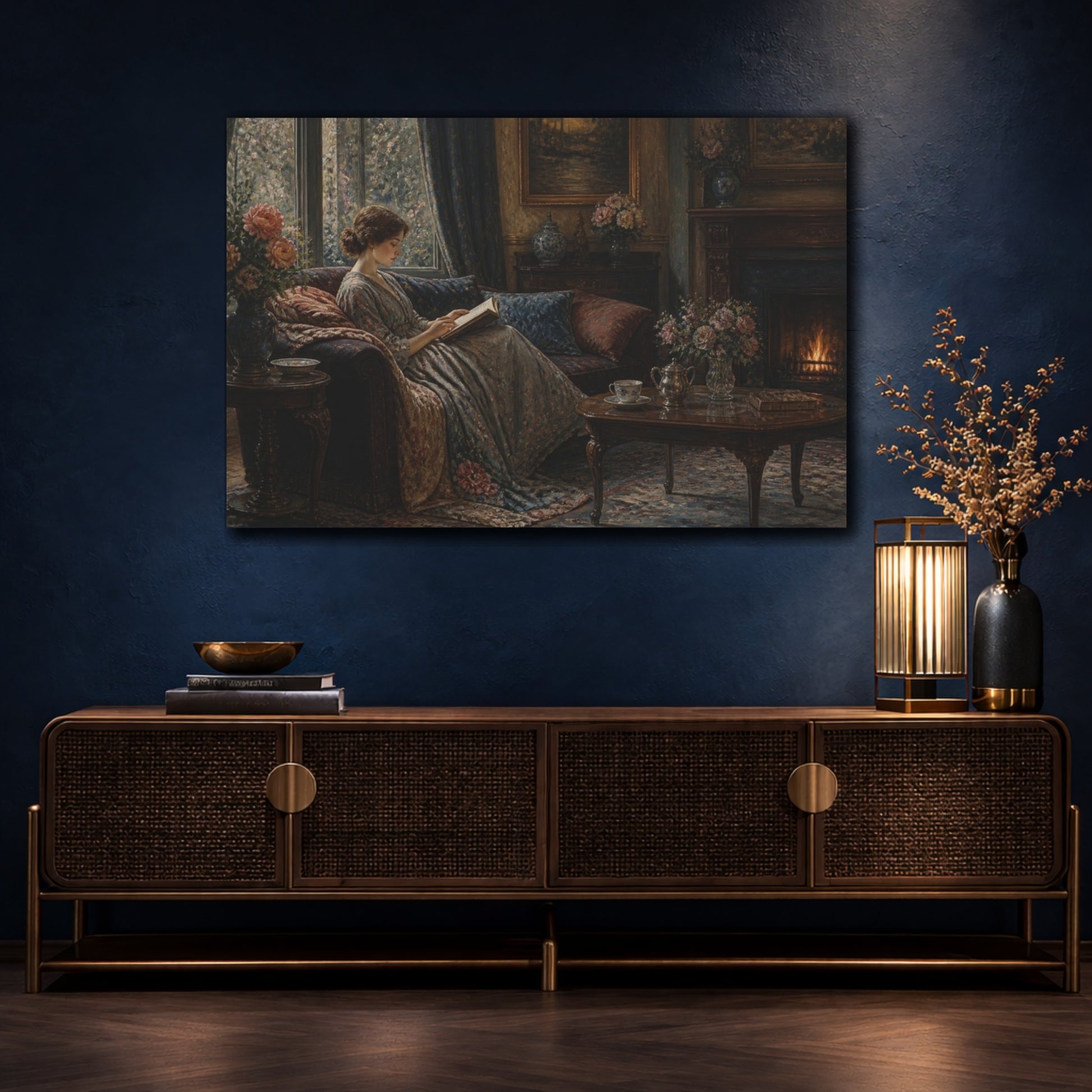 Mockup 4. Living Room Reading Woman shown as canvas print