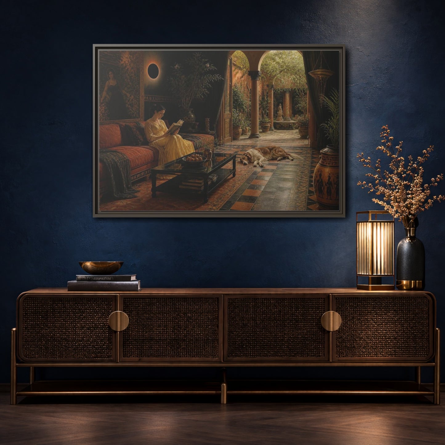 Mockup 4. Living Room Reading Woman shown as framed canvas print