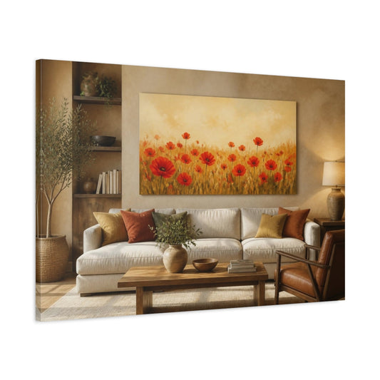 Main Mockup. Living Room Red Poppies shown as canvas print