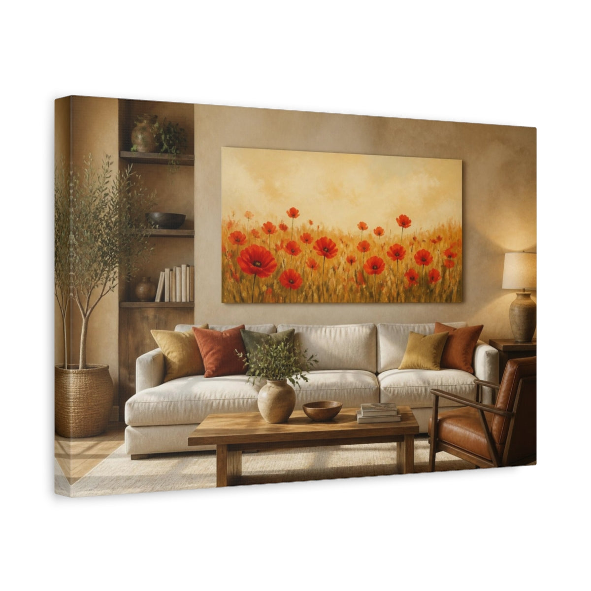 Side Mockup 4. Living Room Red Poppies shown as canvas print