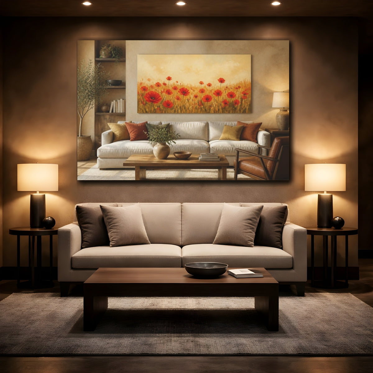 Mockup 2. Living Room Red Poppies shown as canvas print