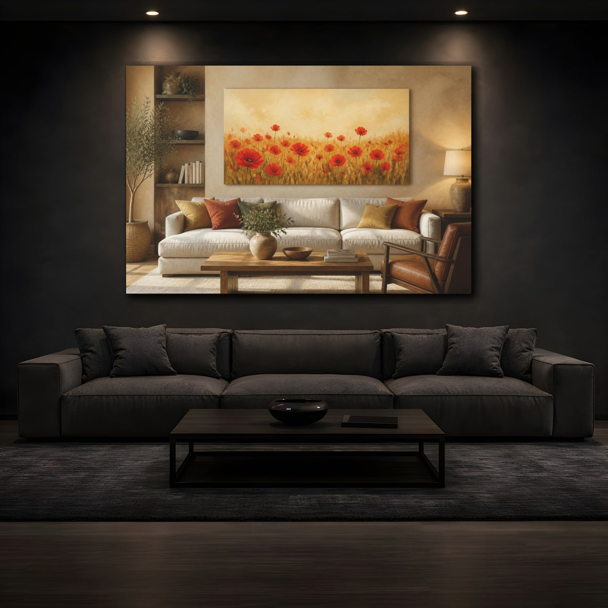 Mockup 3. Living Room Red Poppies shown as canvas print