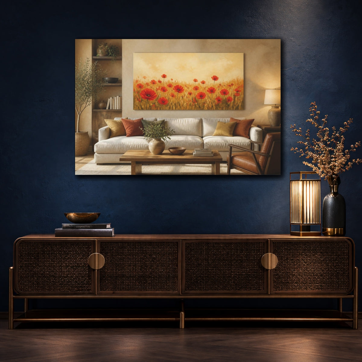 Mockup 4. Living Room Red Poppies shown as canvas print