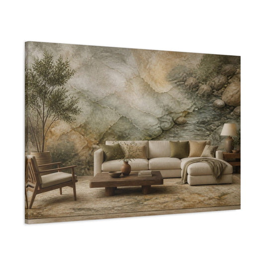 Main Mockup. Living Room River Stones shown as canvas print