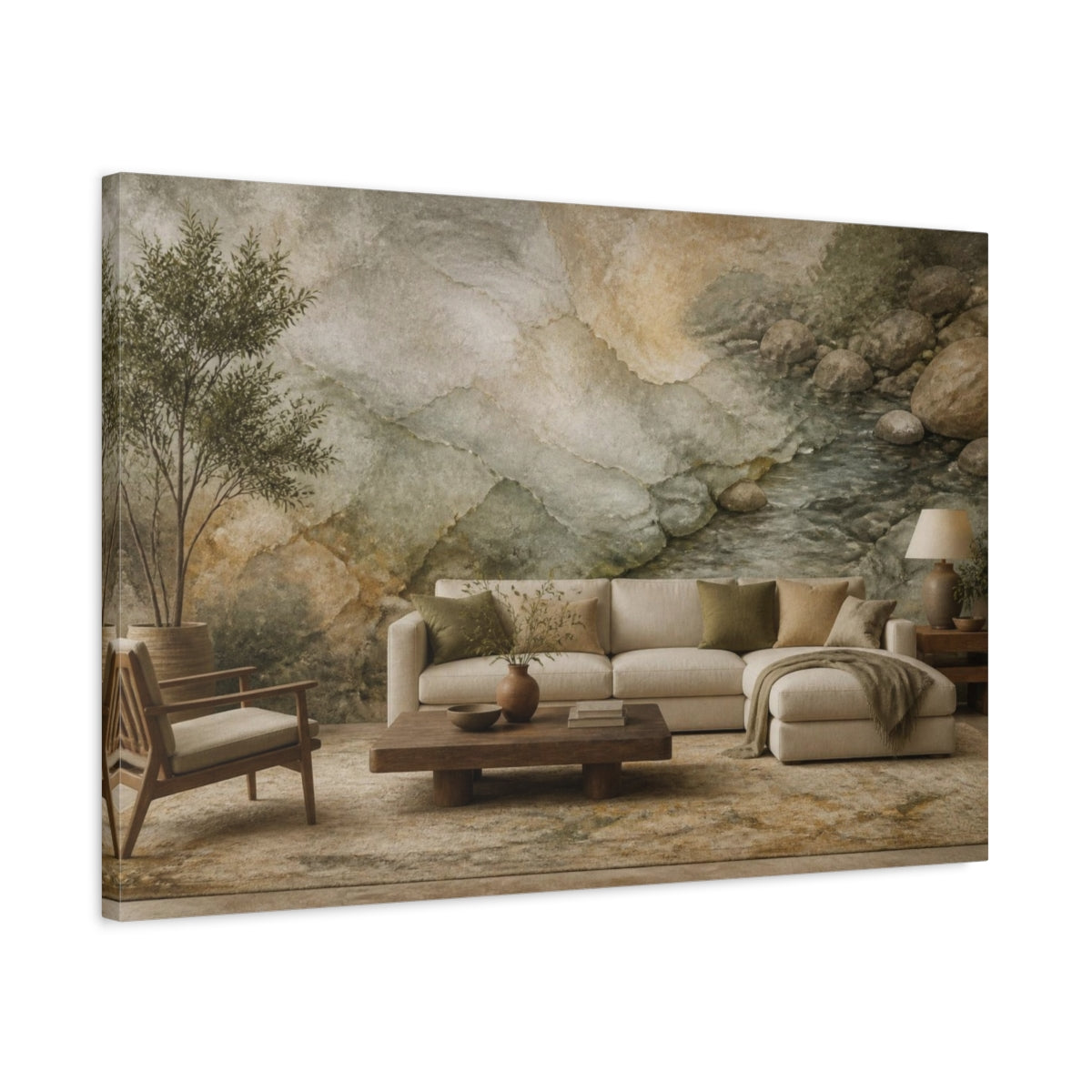 Side Mockup 2. Living Room River Stones shown as canvas print