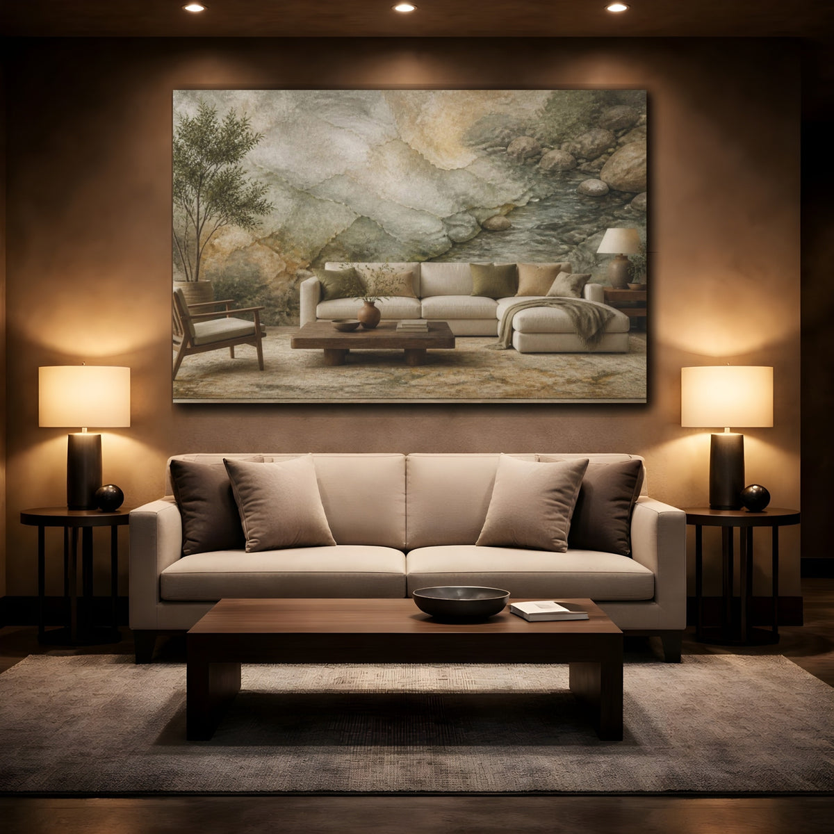 Mockup 2. Living Room River Stones shown as canvas print