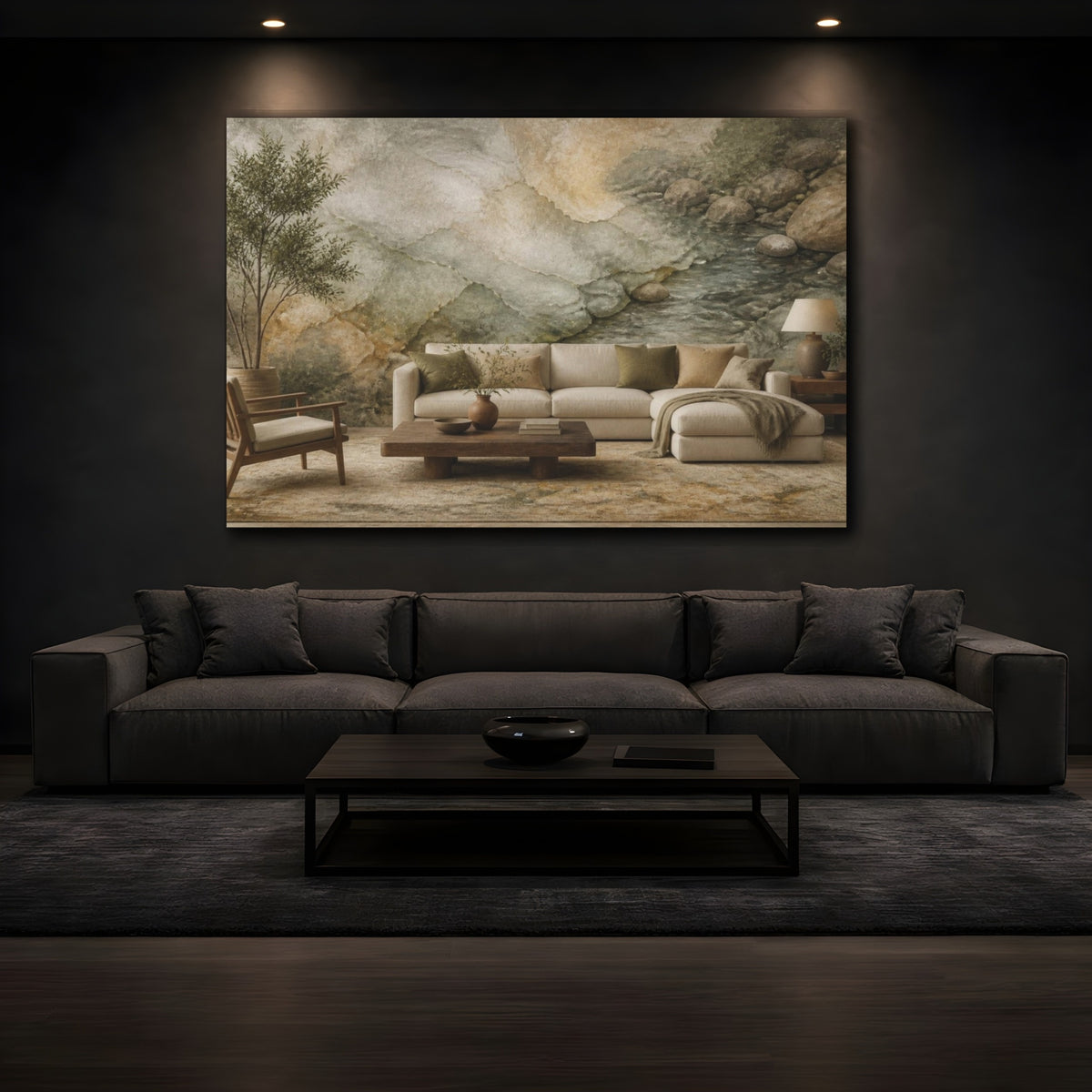 Mockup 3. Living Room River Stones shown as canvas print