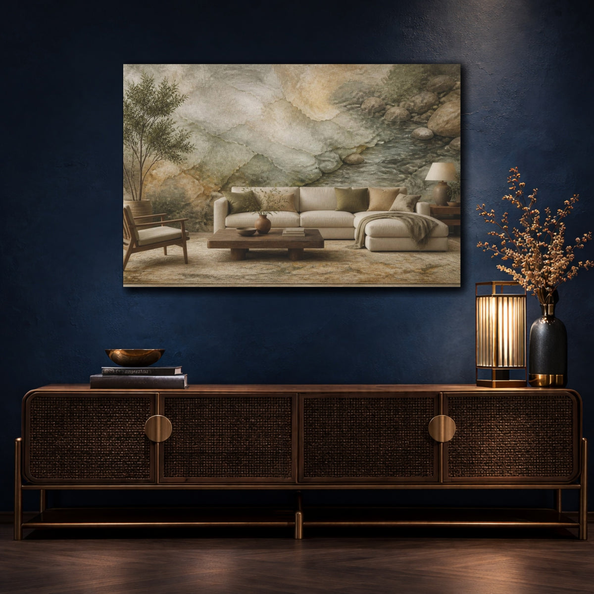 Mockup 4. Living Room River Stones shown as canvas print