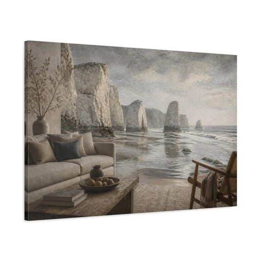 Main Mockup. Living Room Sea Stacks shown as canvas print