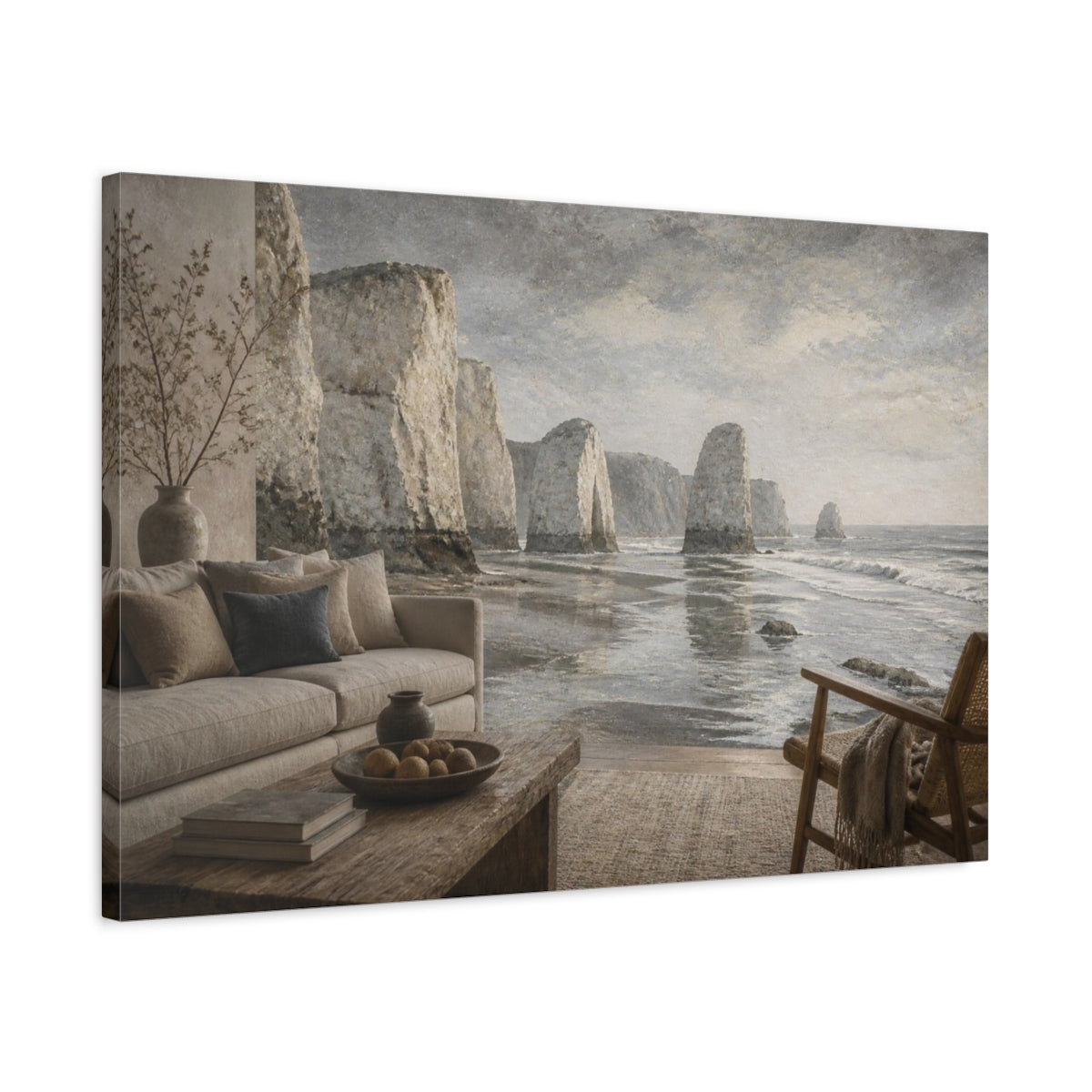 Side Mockup 2. Living Room Sea Stacks shown as canvas print