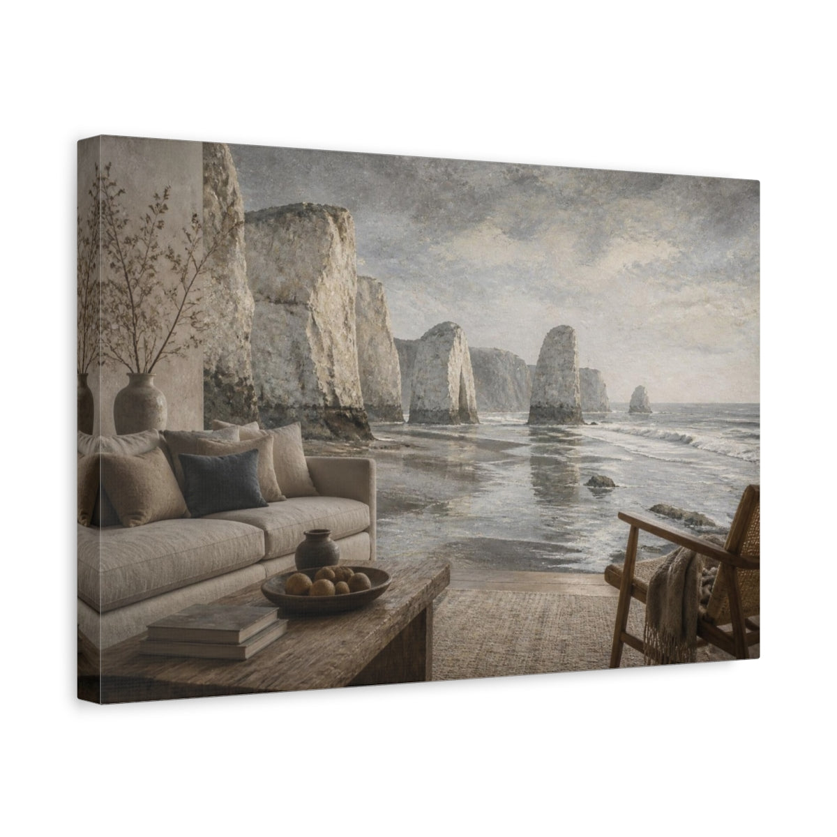 Side Mockup 4. Living Room Sea Stacks shown as canvas print