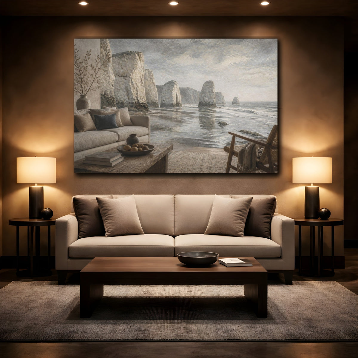 Mockup 2. Living Room Sea Stacks shown as canvas print