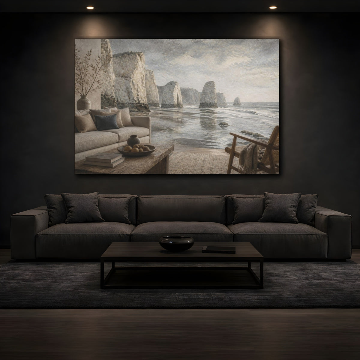 Mockup 3. Living Room Sea Stacks shown as canvas print