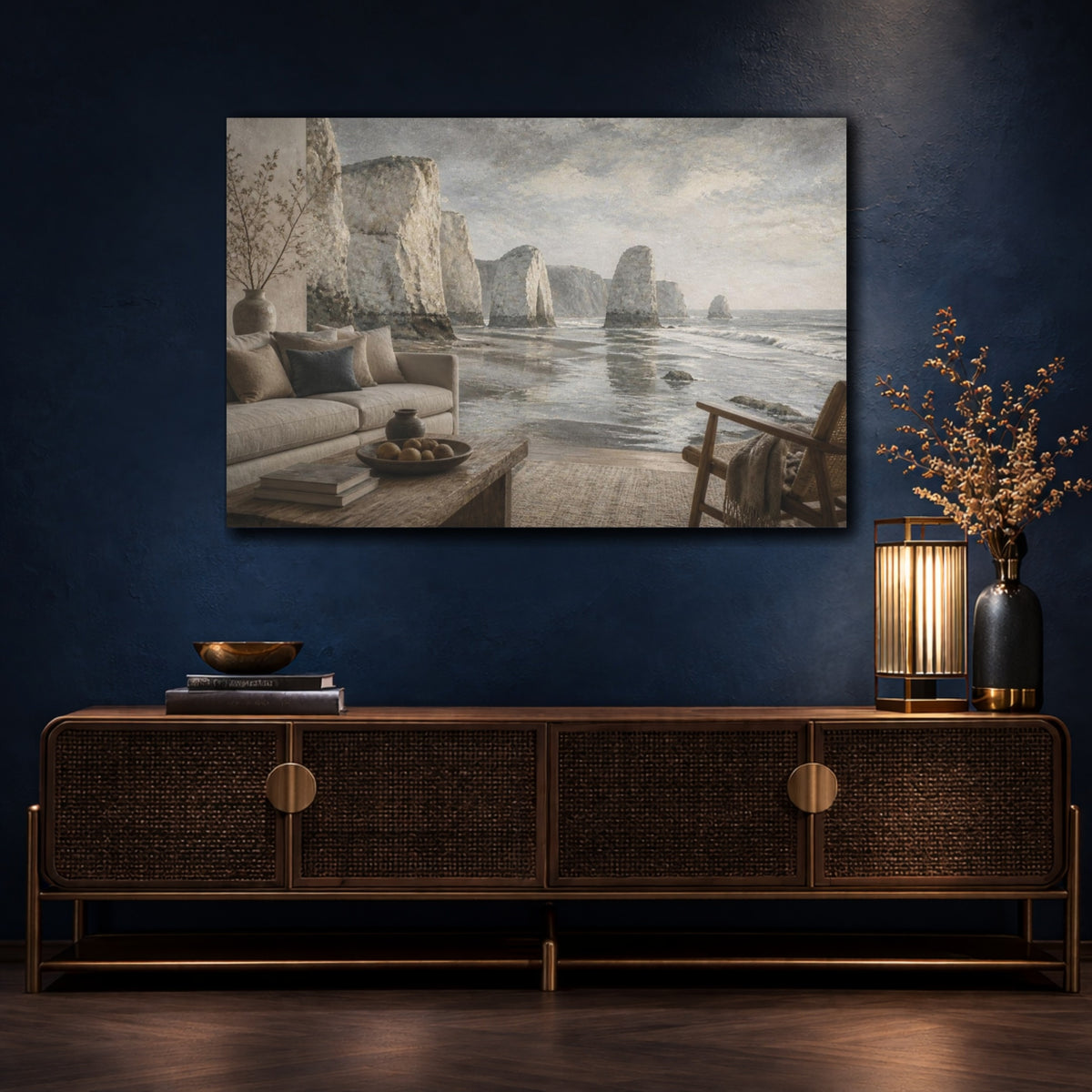 Mockup 4. Living Room Sea Stacks shown as canvas print