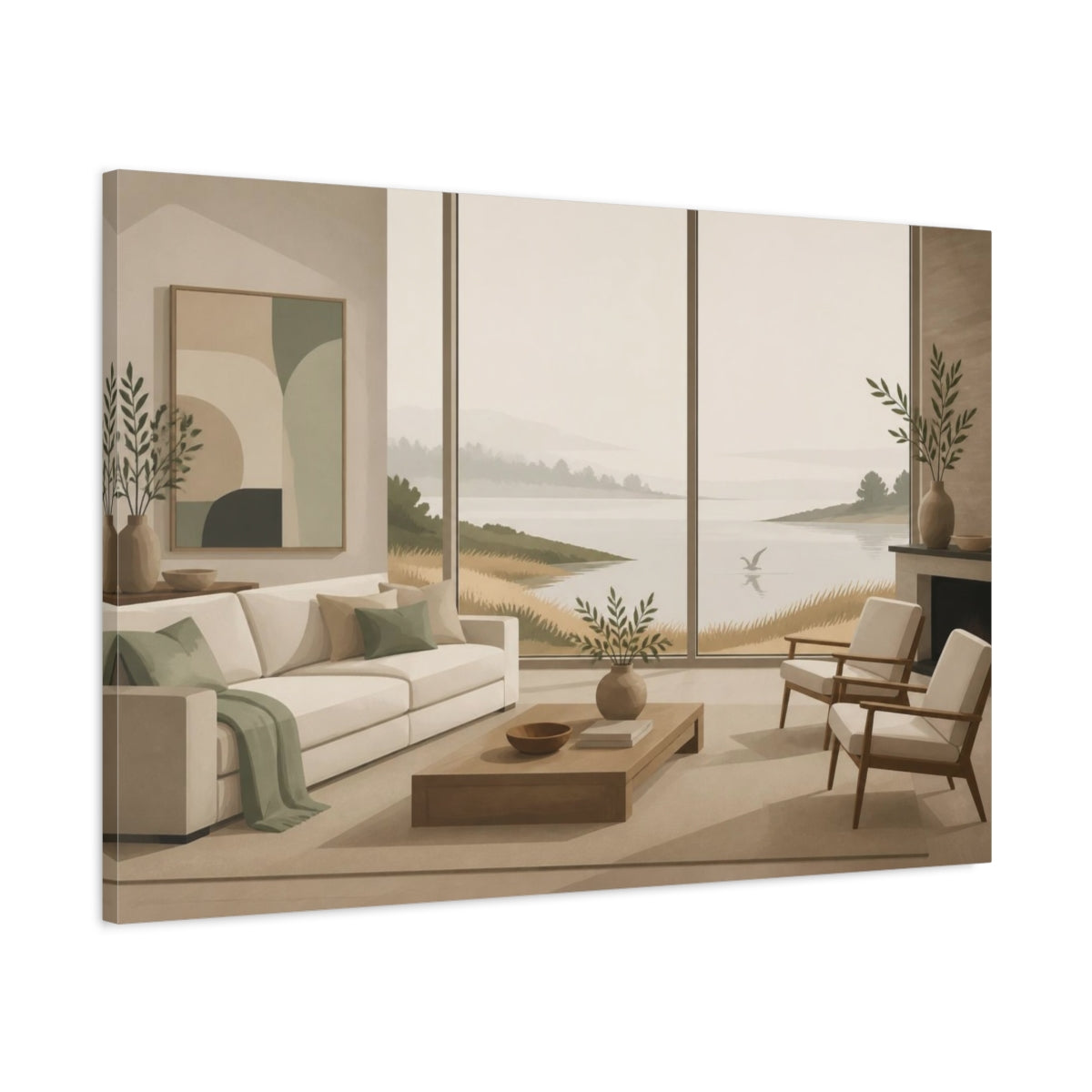 Main Mockup. Living Room Seascape shown as canvas print