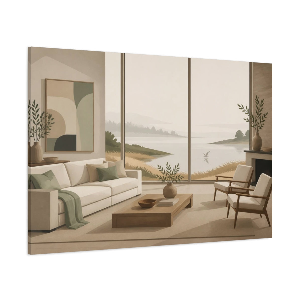 Side Mockup 1. Living Room Seascape shown as canvas print