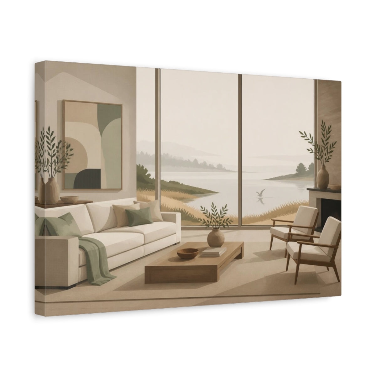 Side Mockup 4. Living Room Seascape shown as canvas print