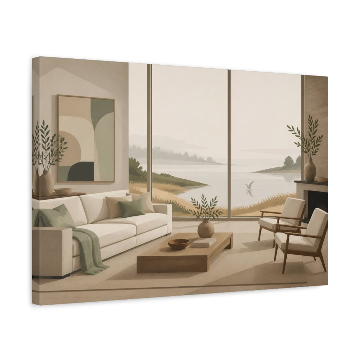 Side Mockup 3. Living Room Seascape shown as canvas print