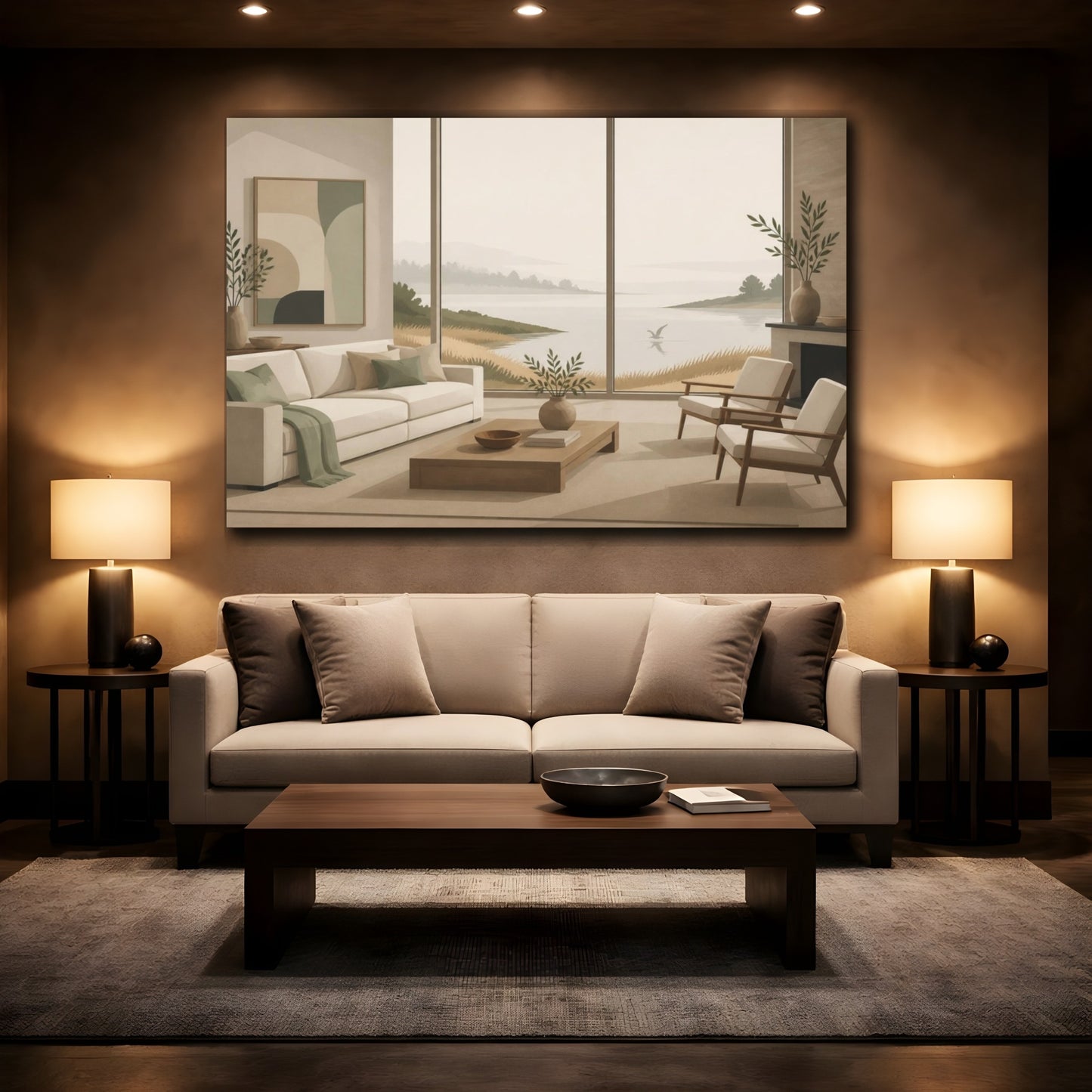 Mockup 2. Living Room Seascape shown as canvas print