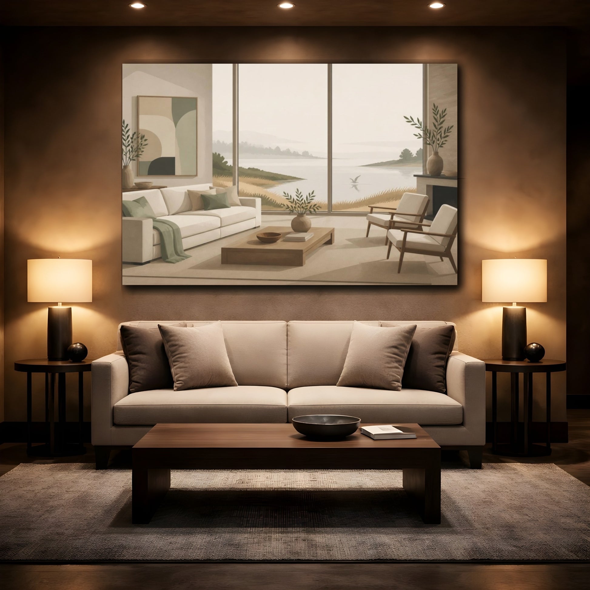 Mockup 2. Living Room Seascape shown as canvas print