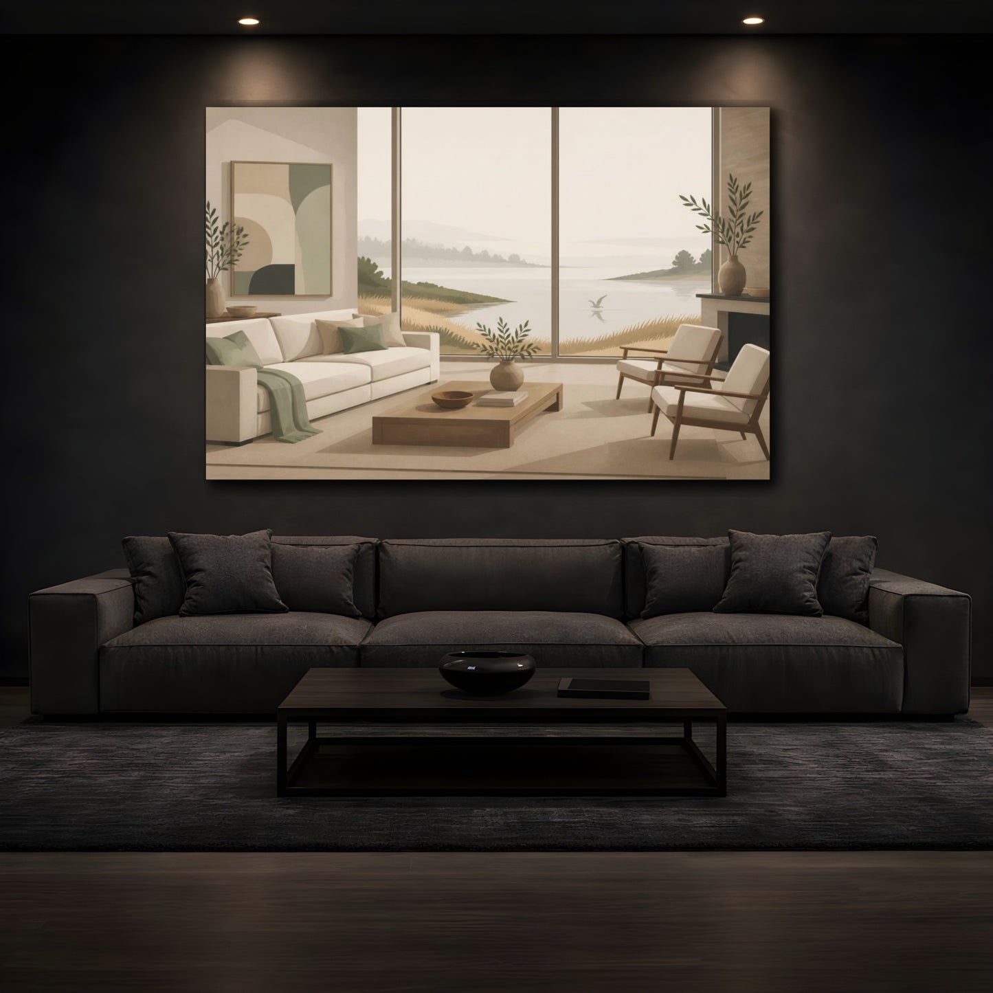Mockup 3. Living Room Seascape shown as canvas print