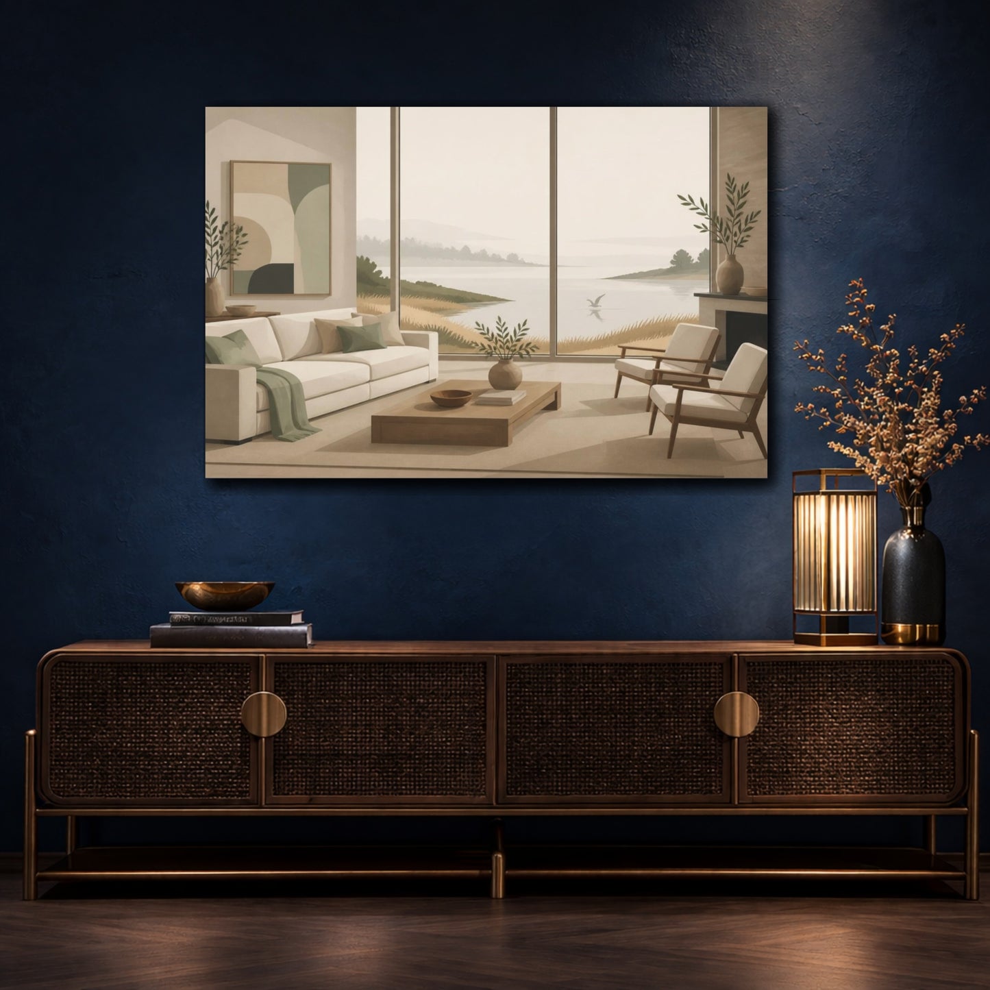 Mockup 4. Living Room Seascape shown as canvas print