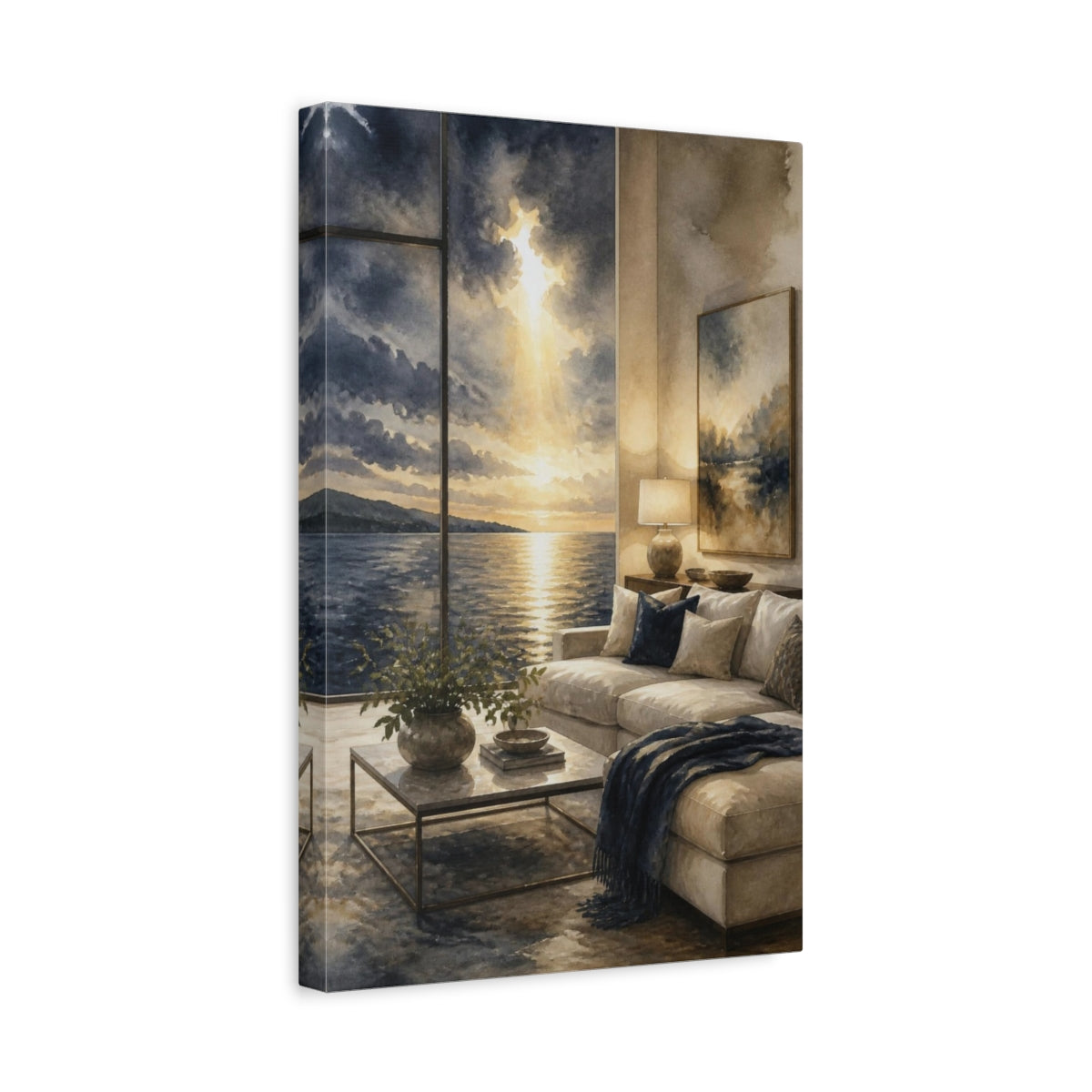 Side Mockup 4. Living Room Seascape Sunset shown as canvas print