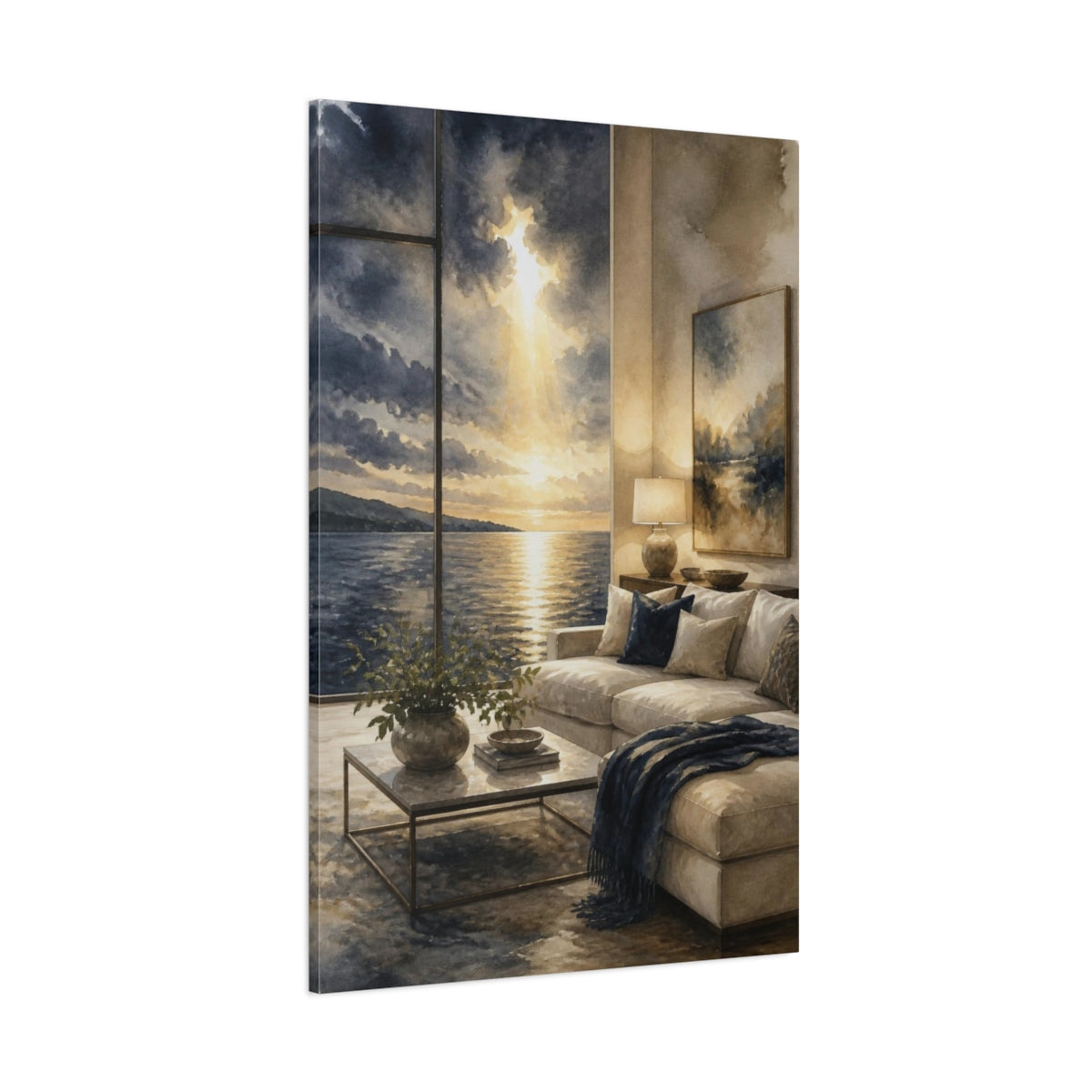 Side Mockup 1. Living Room Seascape Sunset shown as canvas print