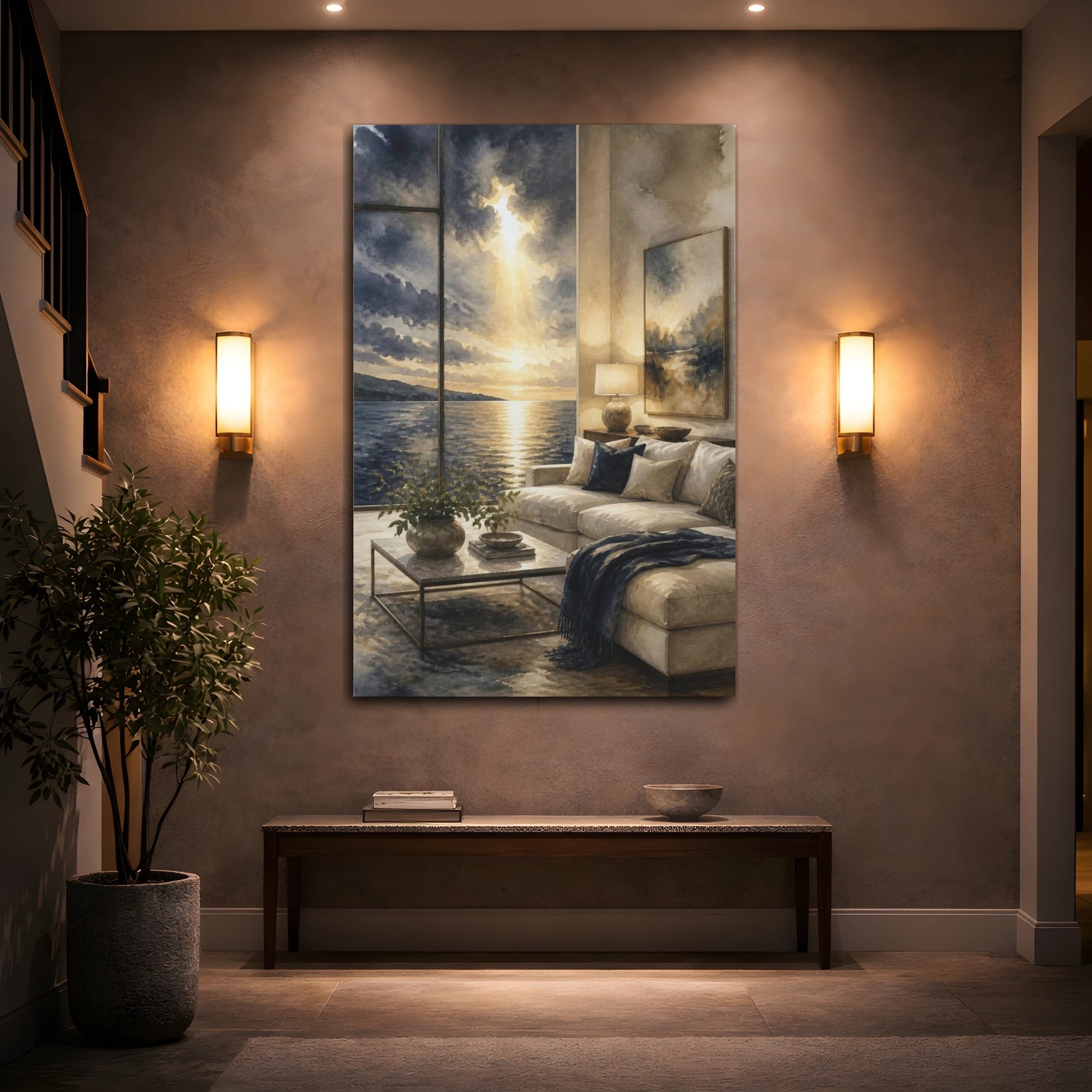 Mockup 2. Living Room Seascape Sunset shown as canvas print