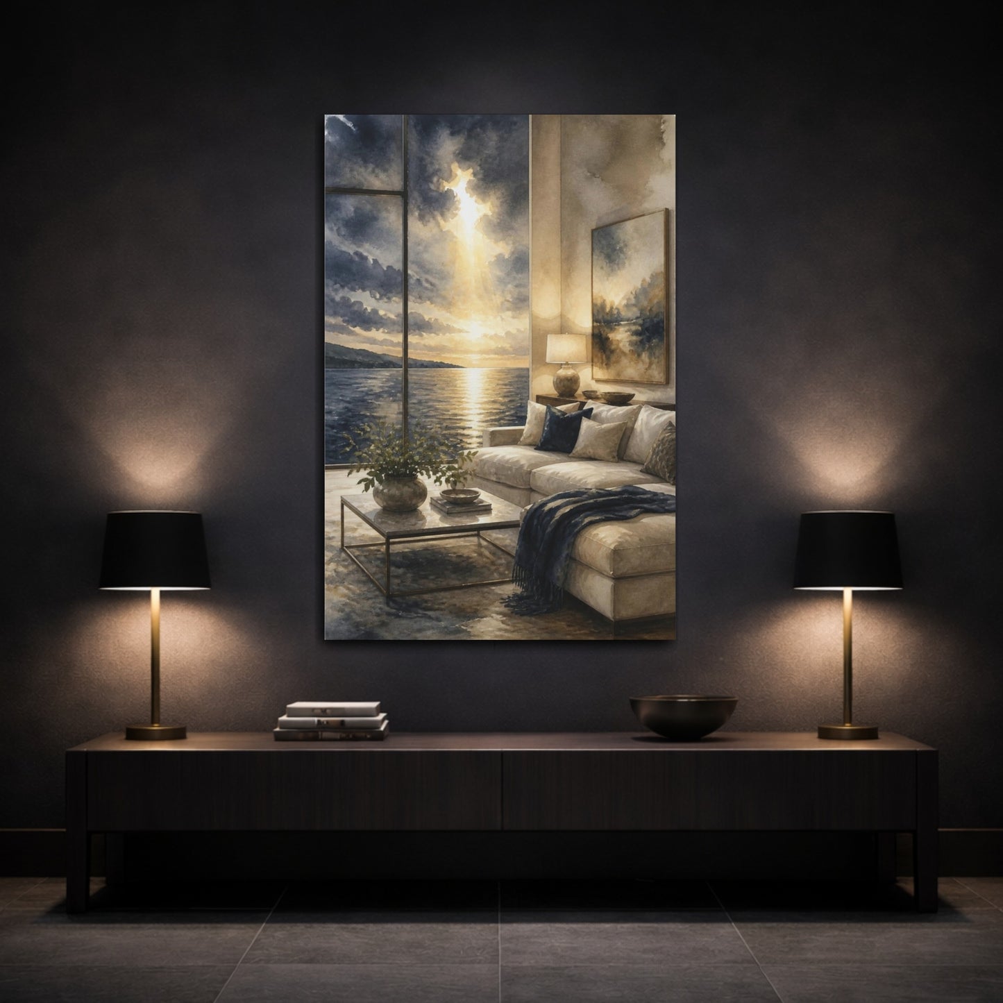 Mockup 3. Living Room Seascape Sunset shown as canvas print