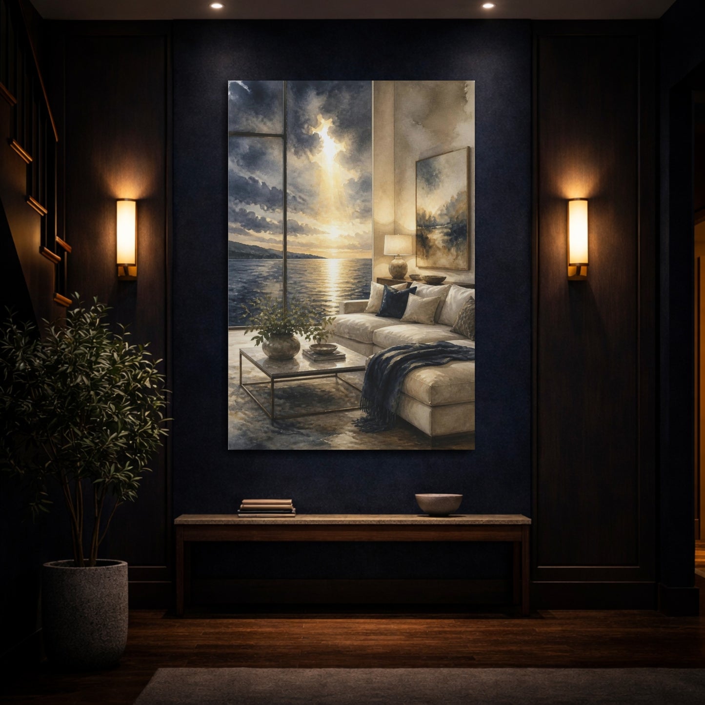 Mockup 4. Living Room Seascape Sunset shown as canvas print